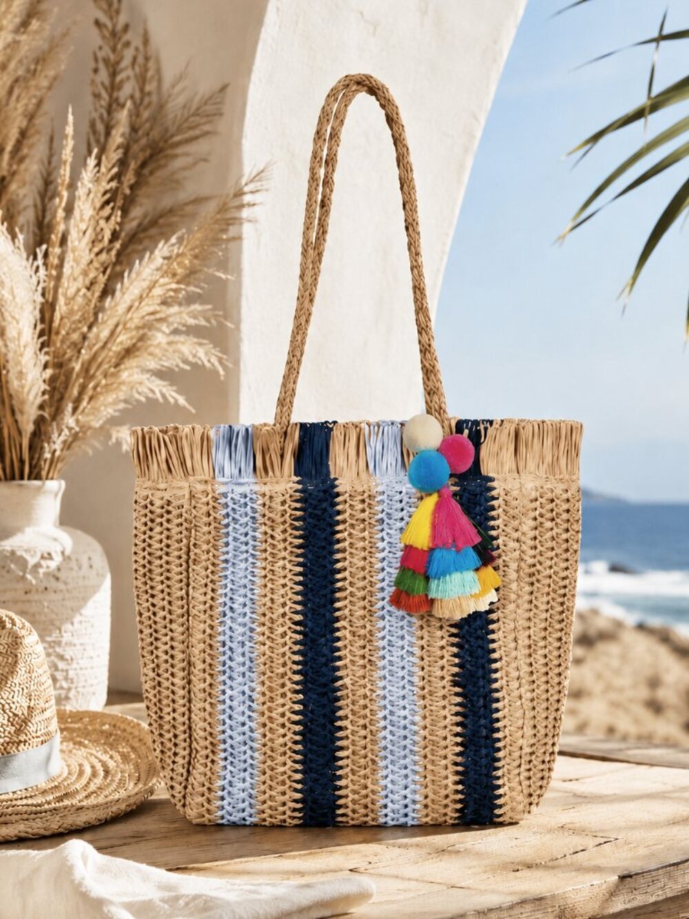 Straw Tote Bag Striped Navy Tassel Zipper Lined Boho Mediterranean Vacation - Picture 5 of 13